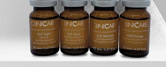 CLINICCARE skin-rejuvenation ampoule vials, the concentrated serum used in the Premium Ampoule microneedling upgrade.