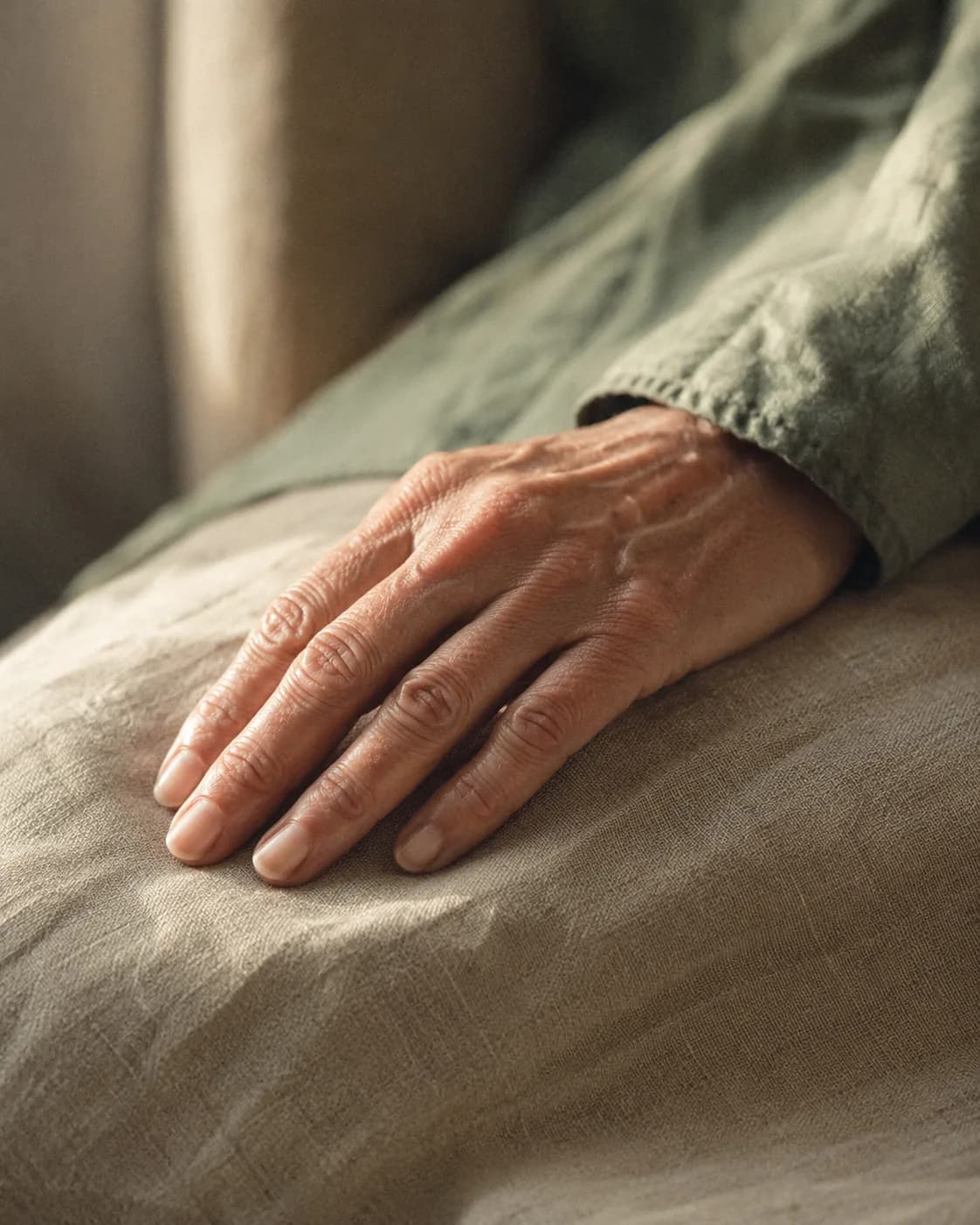 A silver-haired woman in her fifties photographed in side profile, calm and composed.